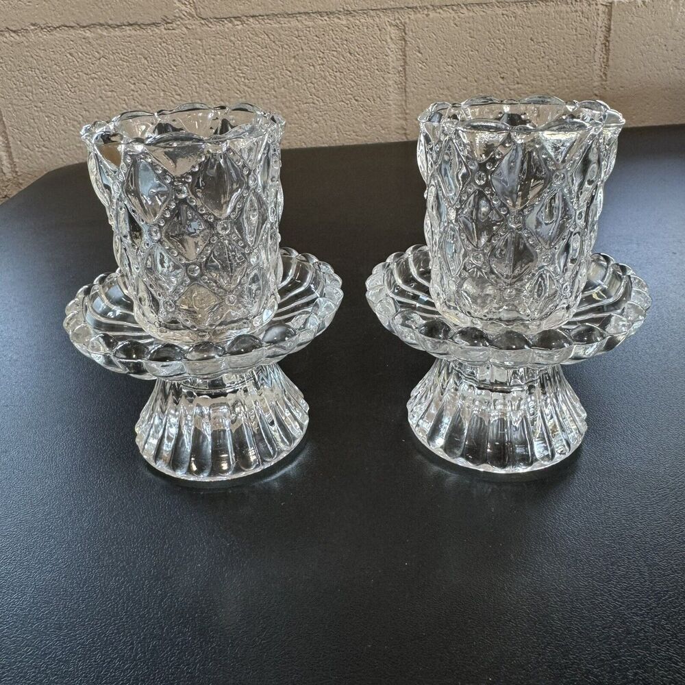 Partylite Quilted Crystal Tiny Bubble Peglite Pair Candle Holder P9246 in box 4"